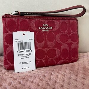 COACH True Red Signature Denim Zip Wristlet